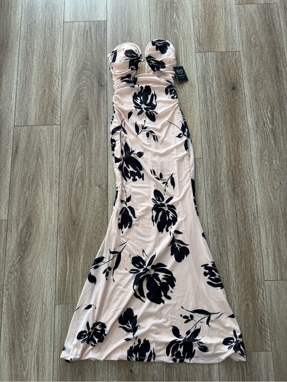 JLUXLABEL Strapless Blush Pink Dress with Black Floral Print
